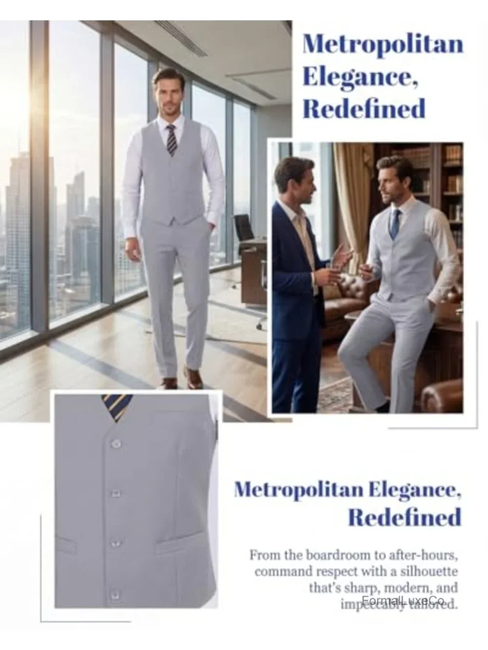 Men's 2-Piece Slim Fit Suit Set with Vest & Adjustable Pants, Wedding Tuxedo